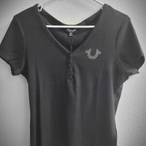 True Religion Black Fitted Buttoned Short Sleeve Tee